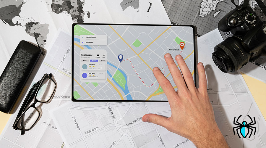 Persona usando un mapa en una tablet sobre una mesa llena de mapas impresos, cámaras y gafas, simbolizando estrategias de SEO local en las Rozas para ubicar negocios en los primeros lugares de Google.