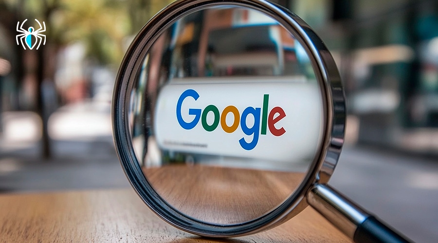 "Logotipo de Google bajo una lupa, representando estrategias para aparecer en Google en los primeros resultados de búsqueda.
